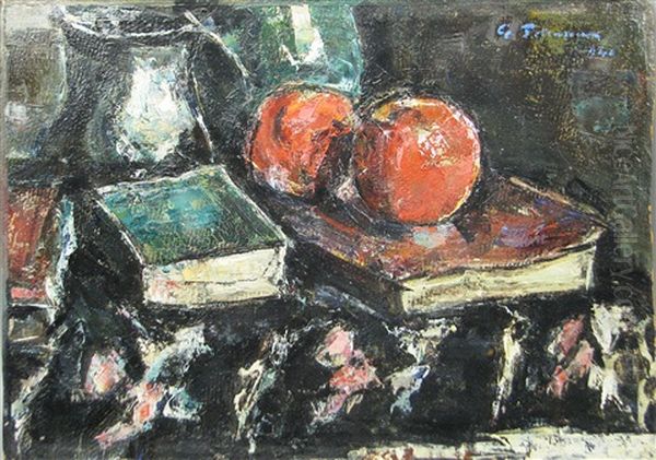 Still Life Whit Apples And Books, Oil On Cardboard Oil Painting by Petrascu Gheorghe
