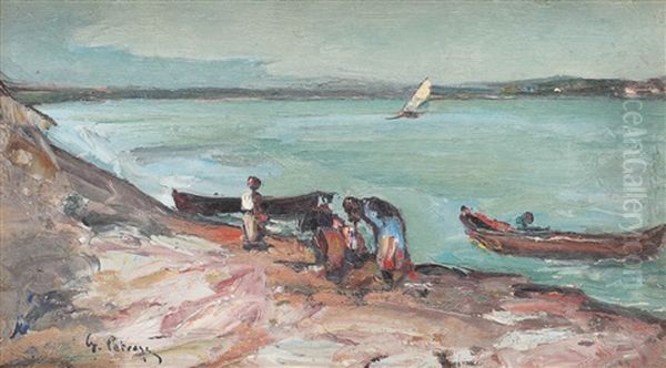 Fisherman Boats At The Shore Oil Painting by Petrascu Gheorghe