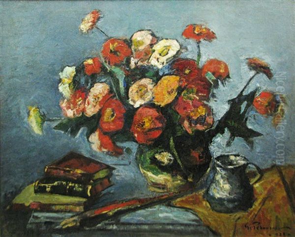 Still Life With Books And Carnation Oil Painting by Petrascu Gheorghe