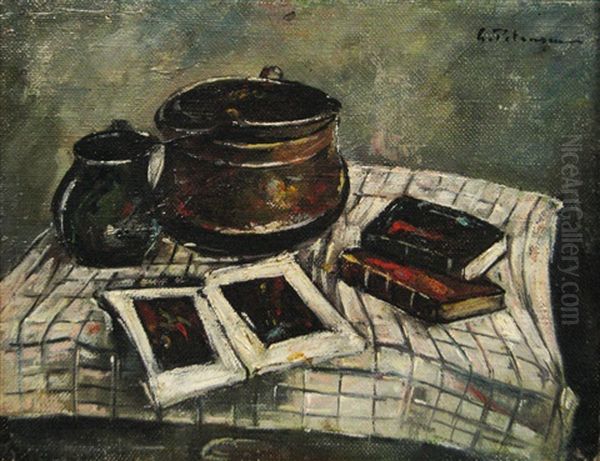 Still Life With Pan And Books Oil Painting by Petrascu Gheorghe