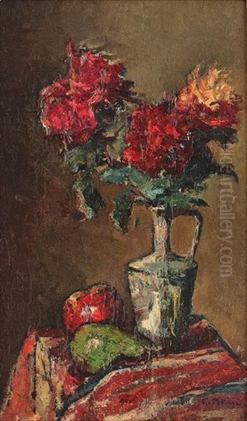 Natura Statica Cu Crizanteme Si Fructe Oil Painting by Petrascu Gheorghe