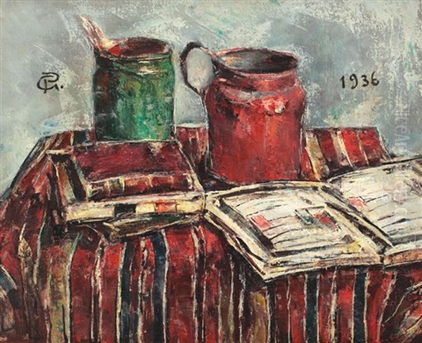 Still Life With Paintbrushes, Books And Carafe Oil Painting by Petrascu Gheorghe