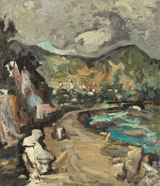 Landscape At Targu Ocna Oil Painting by Petrascu Gheorghe