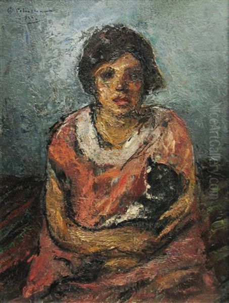 The Girl With The Cat (mariana The Painter's Daughter) Oil Painting by Petrascu Gheorghe