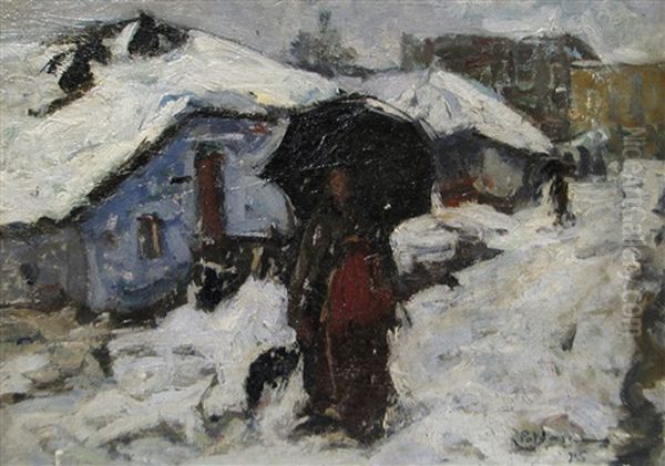 Lucretia On The Snowy Road Oil Painting by Petrascu Gheorghe