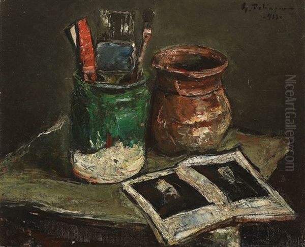 Still Life With Pot, Brushes And Art Book Oil Painting by Petrascu Gheorghe