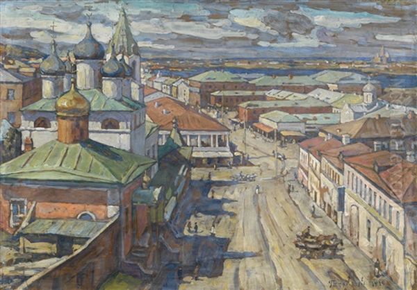 View Of The Church Of St John The Baptist From Rozhdestvenskaya Street, Nizhniy Novgorod Oil Painting by Petr Ivanovich Petrovichev