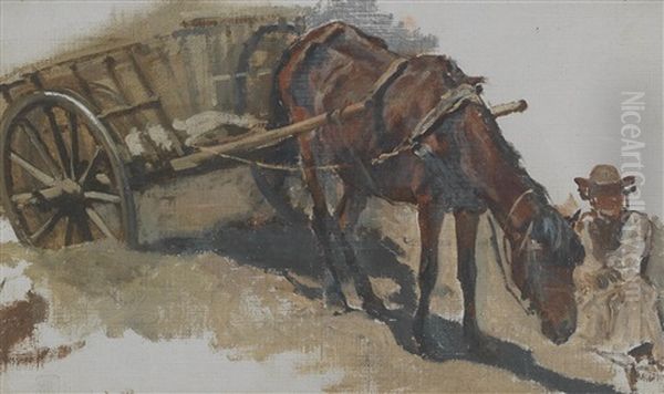 Hungarian Cart With Seated Farmer Oil Painting by August Xaver Karl von Pettenkofen