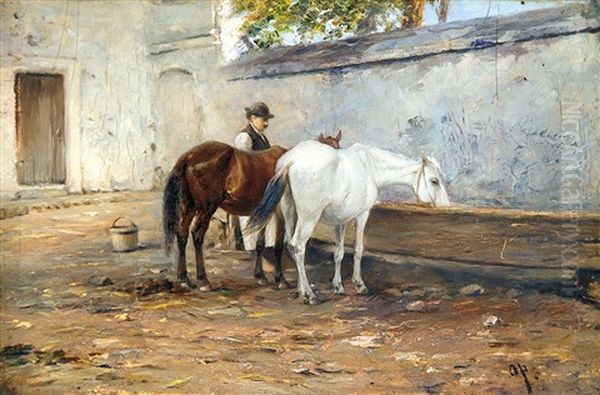 Watering Oil Painting by August Xaver Karl von Pettenkofen