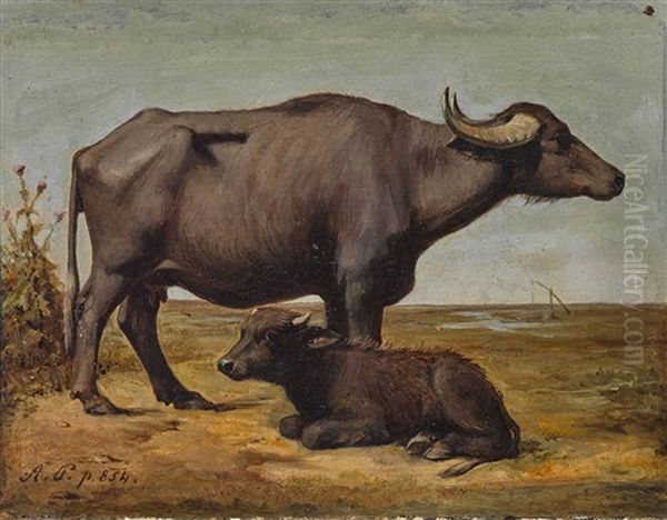 Wasserbuffel In Der Puszta Oil Painting by August Xaver Karl von Pettenkofen