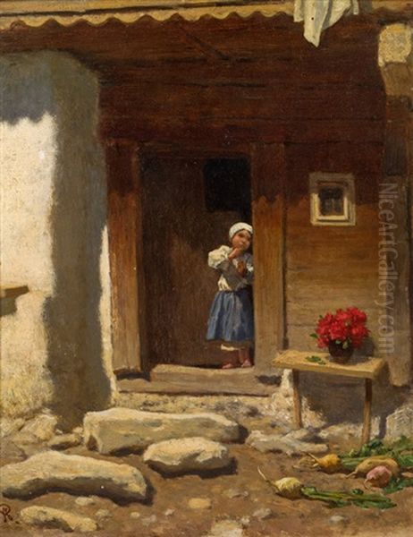 Girl In The Door Of A Farmhouse In Salzburg Oil Painting by August Xaver Karl von Pettenkofen
