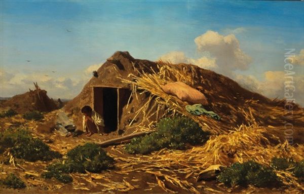 Gypsy Boy By A Hut Oil Painting by August Xaver Karl von Pettenkofen