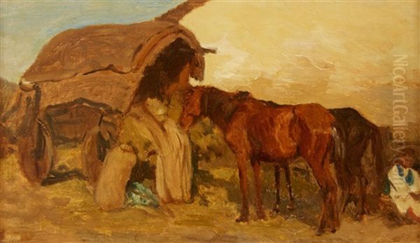 Horses By A Wagon Oil Painting by August Xaver Karl von Pettenkofen