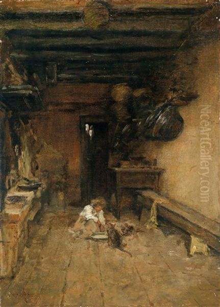 Kitchen In Riva Oil Painting by August Xaver Karl von Pettenkofen