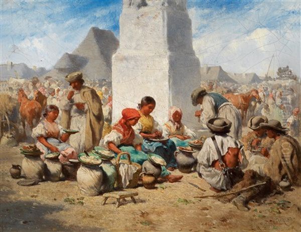 Markt In Szolnok Mit Der Dreifaltigkeitssaule Oil Painting by August Xaver Karl von Pettenkofen