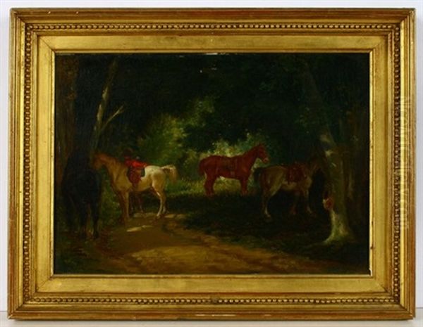 Pause Wahrend Der Jagd, Pferde Und Jager Auf Einer Waldlichtung Oil Painting by August Xaver Karl von Pettenkofen