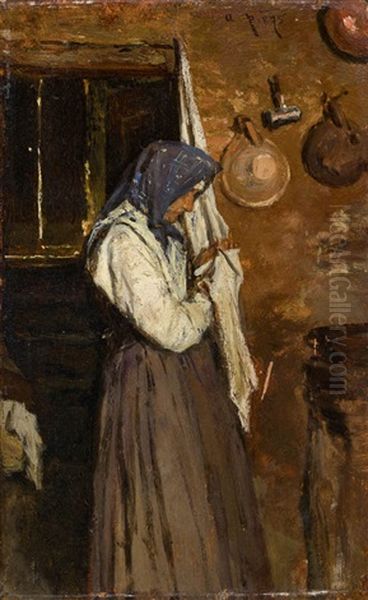 Frau Bei Der Kuchenarbeit Oil Painting by August Xaver Karl von Pettenkofen