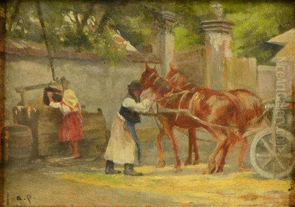 Horses Oil Painting by August Xaver Karl von Pettenkofen