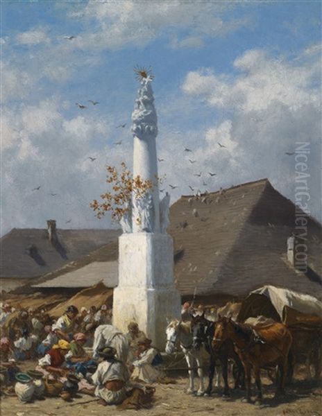 Geschirrmarkt In Szolnok Oil Painting by August Xaver Karl von Pettenkofen