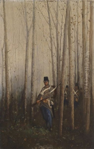 Wald Mit Soldaten Oil Painting by August Xaver Karl von Pettenkofen