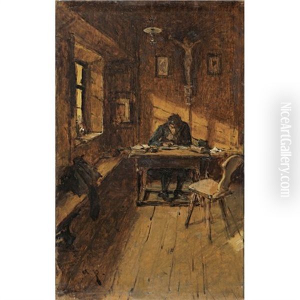 Der Dorfschreiber (the Village Scribe) Oil Painting by August Xaver Karl von Pettenkofen