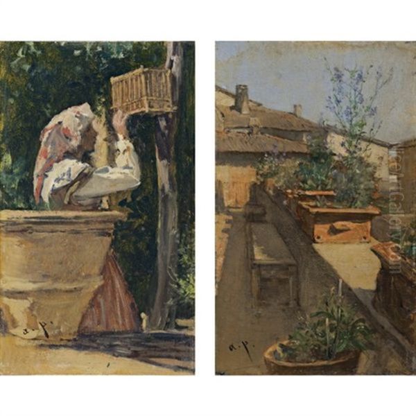 Ein Madchen Beim Vogelkafig (the Birdcage)(+ Ein Dachgarten (a Roof Garden): Pair) Oil Painting by August Xaver Karl von Pettenkofen