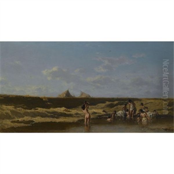Landschaft Mit Badenden Zigeunerinnen (landscape With Bathing Gypsies) Oil Painting by August Xaver Karl von Pettenkofen