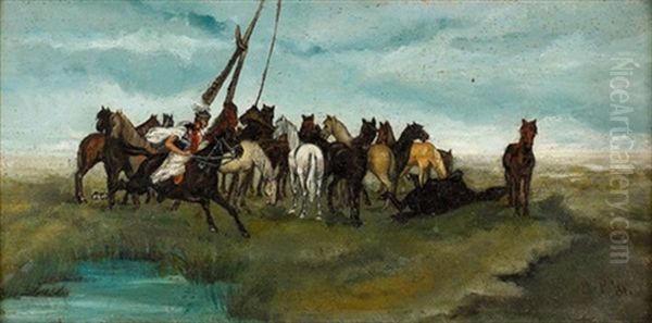 Pusztalandschaft Mit Pferden Oil Painting by August Xaver Karl von Pettenkofen