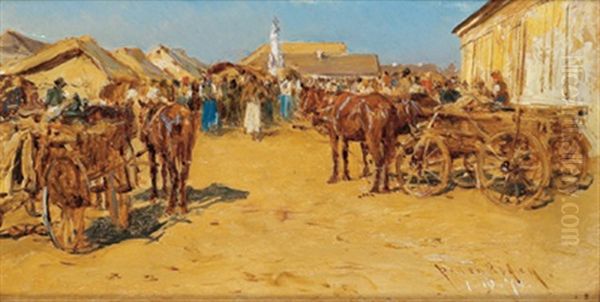 Markttag In Einem Ungarischen Dorf Oil Painting by August Xaver Karl von Pettenkofen