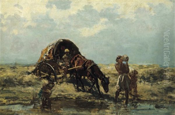Zigeunerwagen An Einer Furt Oil Painting by August Xaver Karl von Pettenkofen
