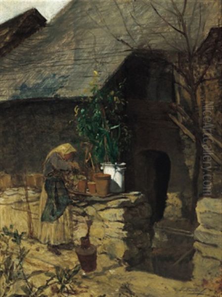 Frau Mit Topfpflanzen Vor Einem Bauernhaus Oil Painting by August Xaver Karl von Pettenkofen