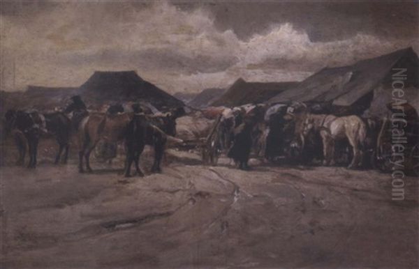 Markttag Vor Einem Ungarischen Dorf Oil Painting by August Xaver Karl von Pettenkofen