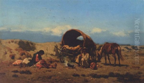 Travellers With Their Wagon In A Landscape Oil Painting by August Xaver Karl von Pettenkofen