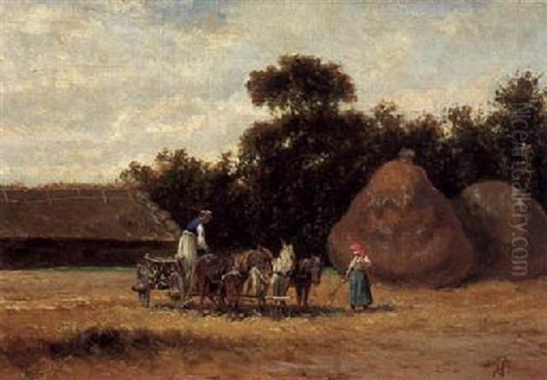 Ungarischer Bauernhof Mit Baumen Und Strohschobern Oil Painting by August Xaver Karl von Pettenkofen