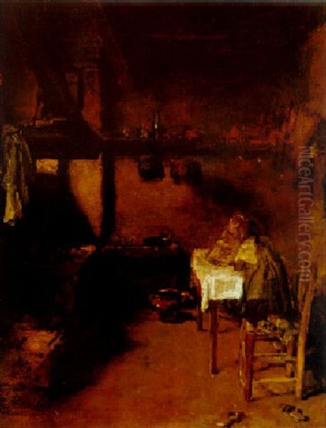 Venezianische Kuche Mit Zwei Knienden Madchen Am Kuchentisch Oil Painting by August Xaver Karl von Pettenkofen