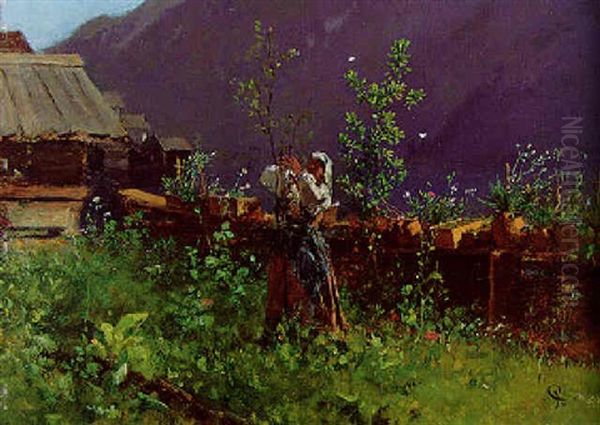 Bauerngarten In Hallstadt Oil Painting by August Xaver Karl von Pettenkofen