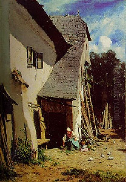 Klosterneuburger Bauernhaus Mit Bauerin Und Kind Oil Painting by August Xaver Karl von Pettenkofen