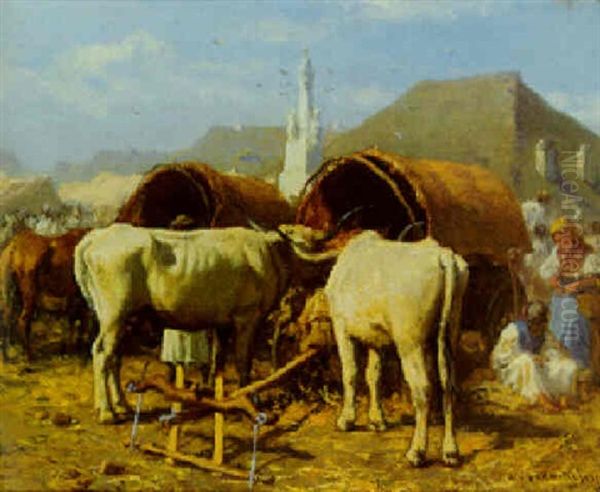 Markt In Szolnok, Vorne Zwei Ausgespannte Ochsen Oil Painting by August Xaver Karl von Pettenkofen