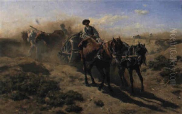 Pferdefuhrwerk In Puszta-landschaft Oil Painting by August Xaver Karl von Pettenkofen
