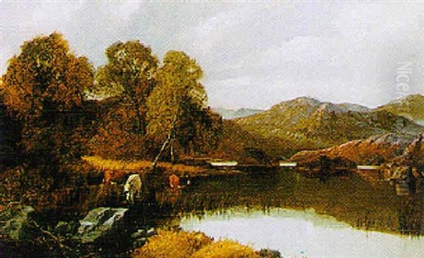 Cattle Watering At The Edge Of A Lake Oil Painting by Edwin Pettitt