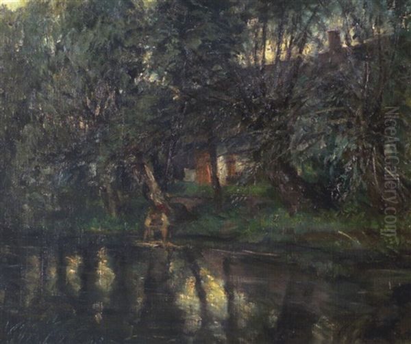 Wascherin Am Bachufer Mit Weiden Oil Painting by Rudolf Petuel