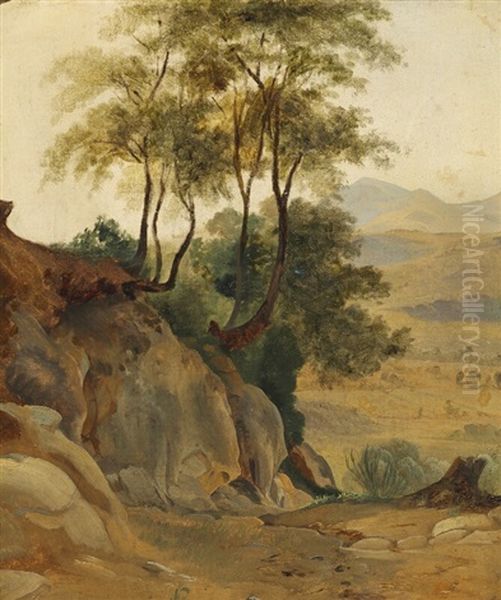 Italian Landscape With Rocks And Tall Trees Oil Painting by Fritz Petzholdt