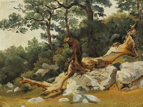Landscape With Rocks And A Dead Tree Trunk Oil Painting by Fritz Petzholdt