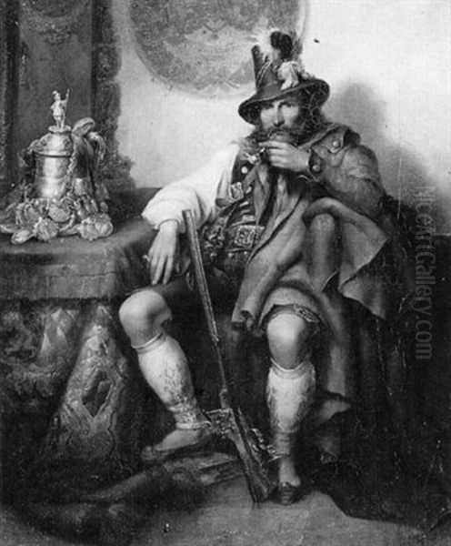 Der Schutzenkonig. In Der Stube Sitzend, Umgeben Von Seinen Jagdtrophaen Oil Painting by Joseph Petzl