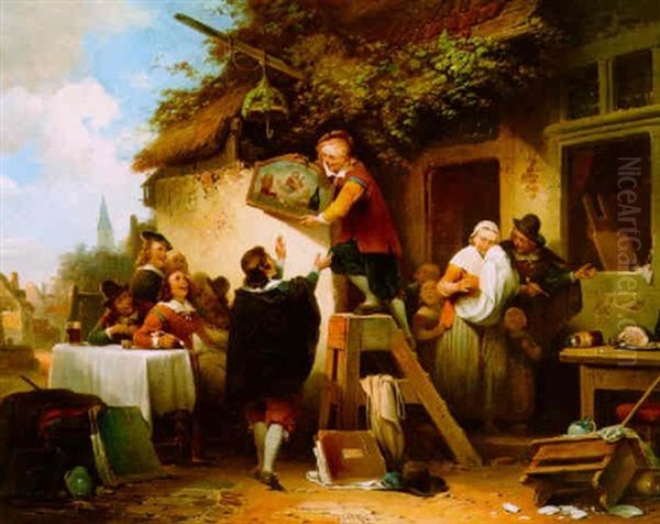 A Town Scene With Figures By An Inn - The Dismantling Of The Jan Steen Tavern Oil Painting by Aime Pez