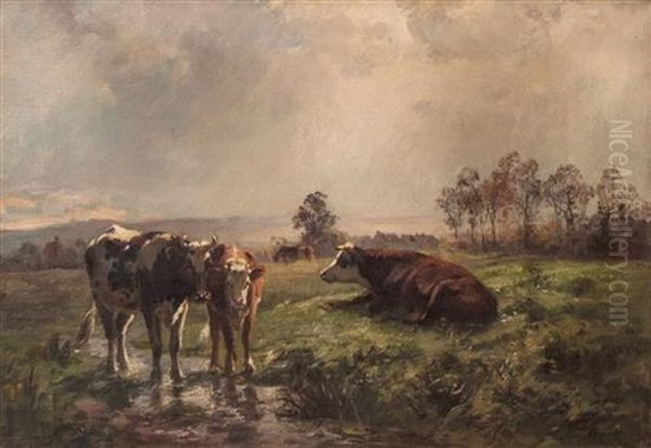 Cows Watering Oil Painting by Aymar Pezant