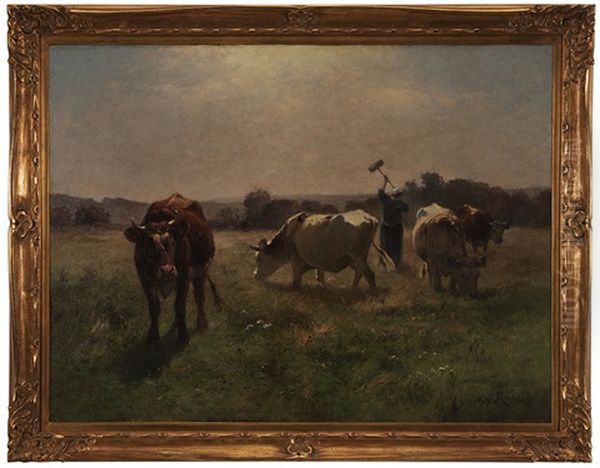 Pastoral Landscape With Cows And Field Worker Oil Painting by Aymar Pezant
