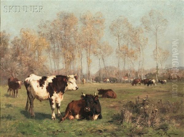 Cattle In A Summer Landscape Oil Painting by Aymar Pezant