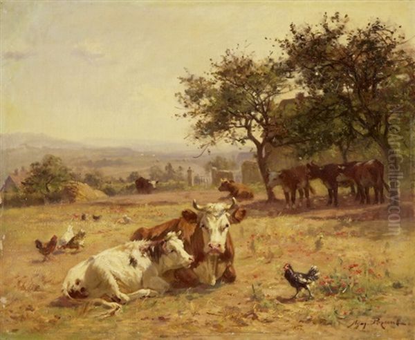 Vaches Couchees Dans Un Chaumes Oil Painting by Aymar Pezant