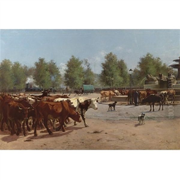 Cows Watering At A Public Square Oil Painting by Aymar Pezant